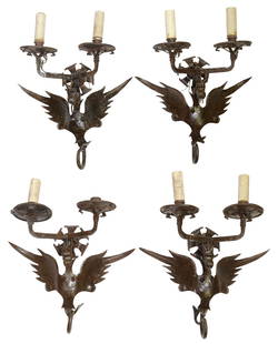 (4) AFTER ANTONI GAUDI (D.1926) WROUGHT IRON DRAGON WALL SCONCES: (lot of 4) Italian wrought iron two-light sconces, early 20th c., in the manner of Antoni&nbsp;Gaudi (Spain, 1852-1926), winged dragon-forms with open mouths, issuing two arms with faux candlesticks s