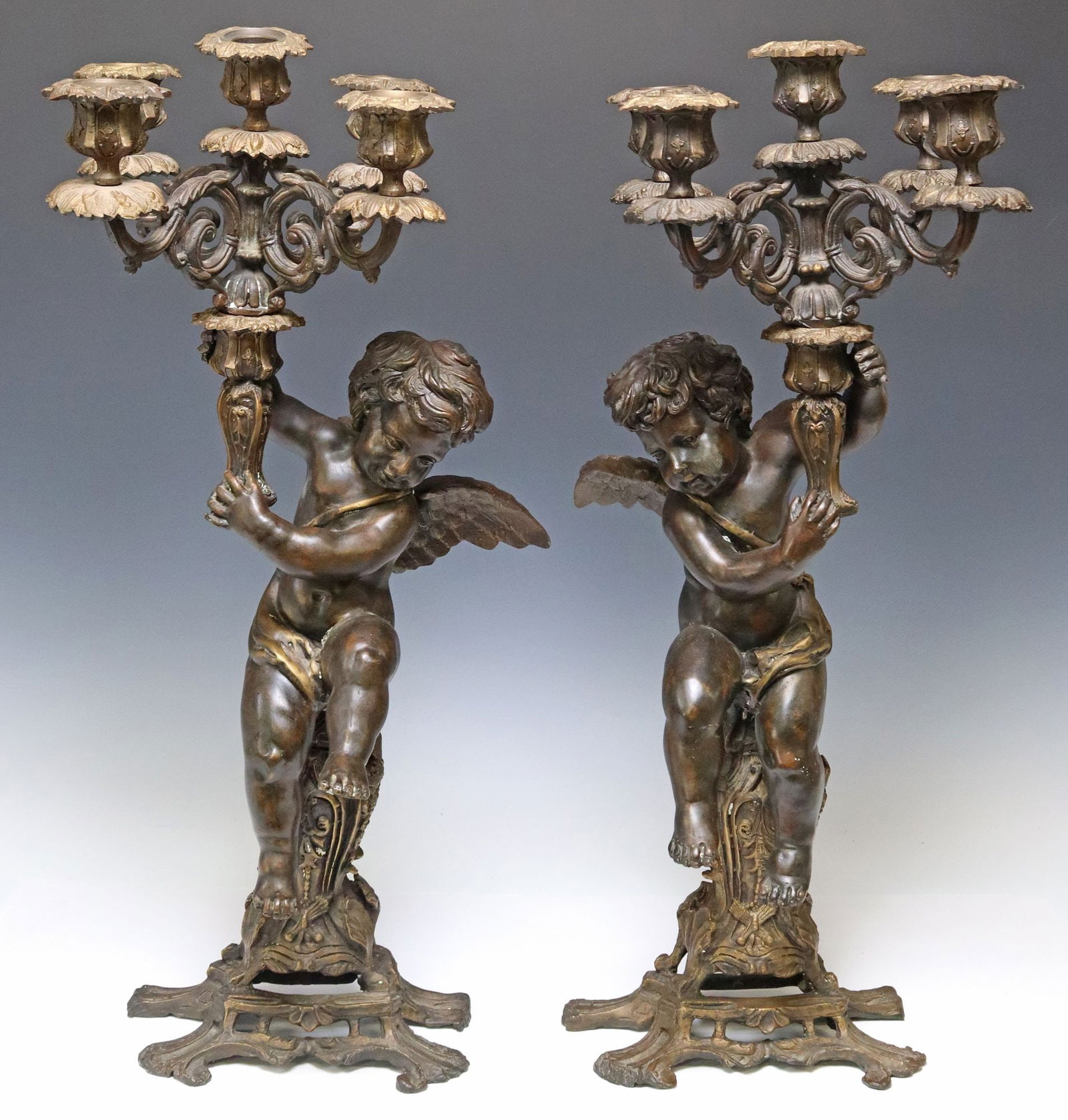 (2) FRENCH PATINATED BRONZE FIGURAL CHERUB 5-LT CANDELABRAS (1 of 5)