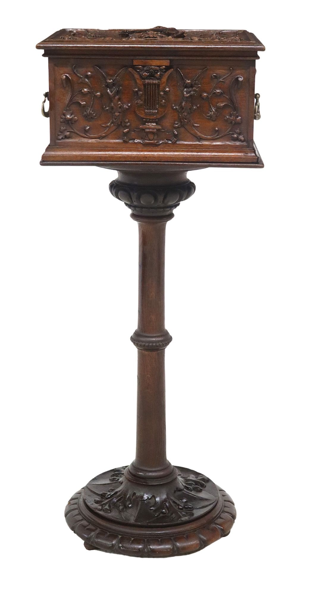 FRENCH CARVED OAK BOX ON PEDESTAL STAND (1 of 4)