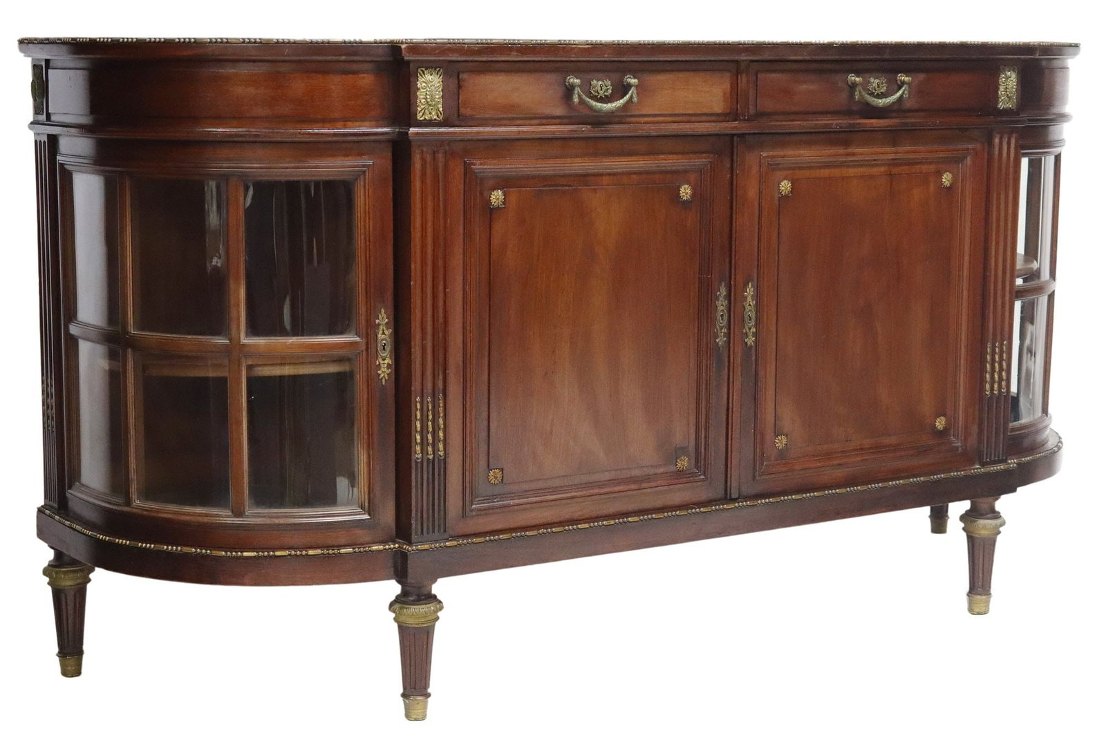 FRENCH MAISON SCHMIT LOUIS XVI STYLE MAHOGANY SIDEBOARD: French Louis XVI style mahogany sideboard, Maison Schmit, early 20th c., lacking the marble top, two frieze drawers, over four cabinet doors, curved side doors with glazed and mullioned