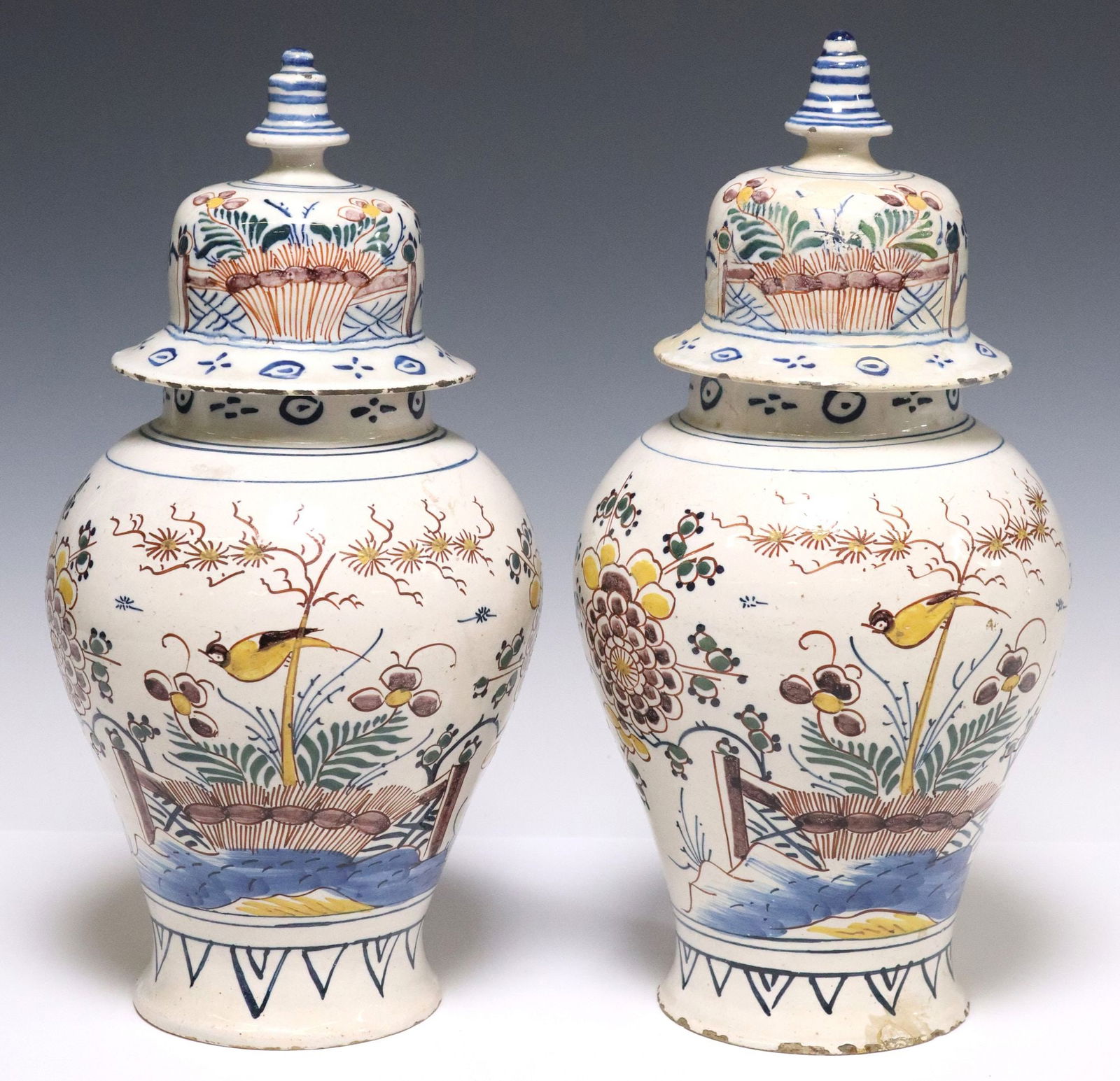 (2) DELFT POLYCHROME CHINOISERIE BALUSTER VASES & COVERS (1 of 3)