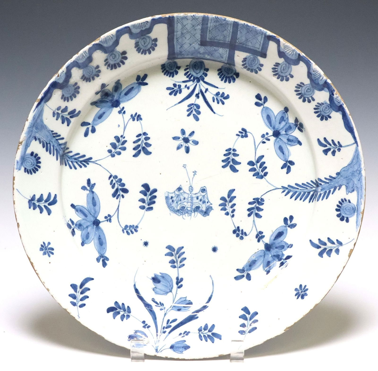 DELFT BLUE & WHITE CHINOISERIE BUTTERFLY TIN-GLAZED CHARGER (1 of 2)