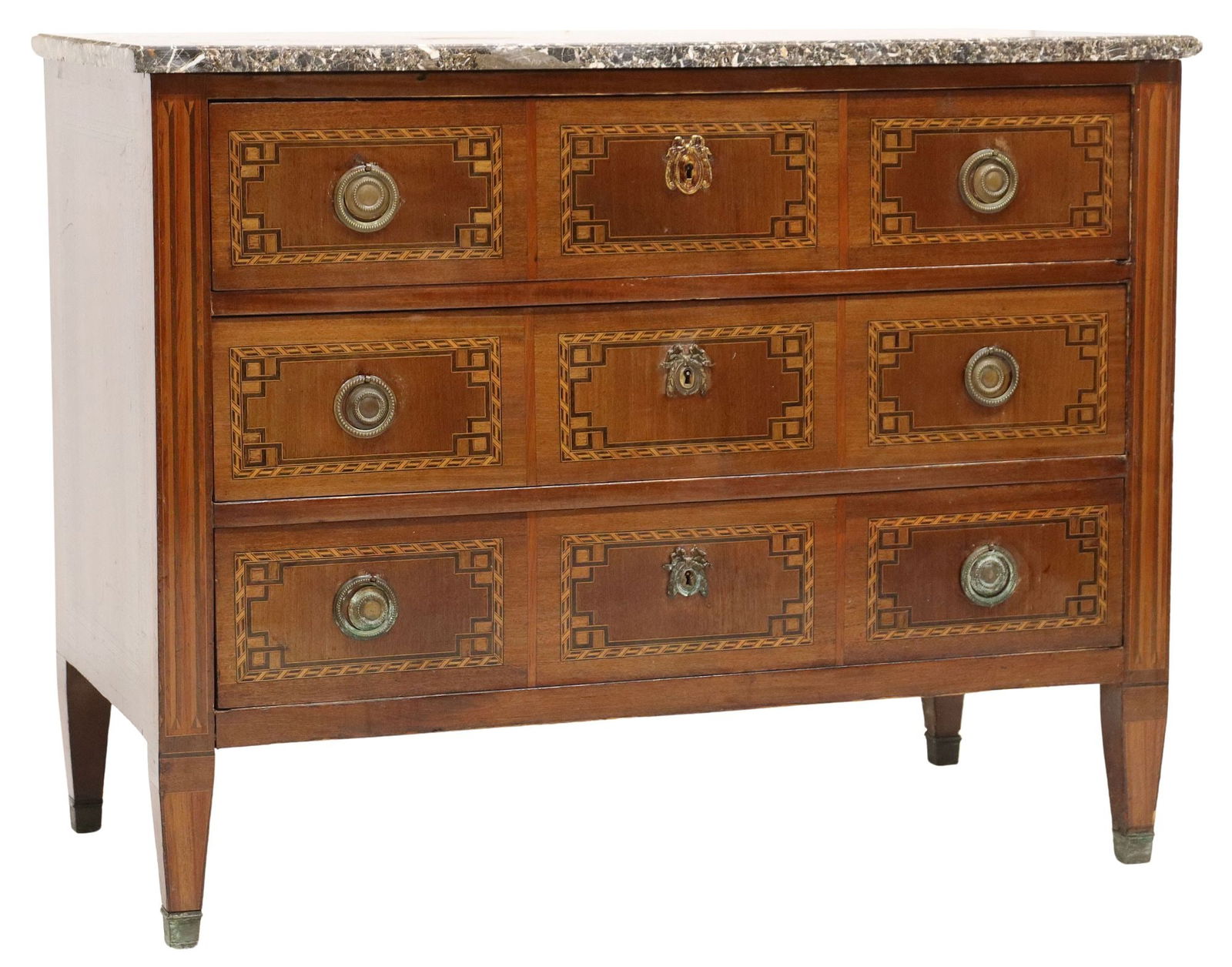 NEOCLASSICAL STYLE MARBLE-TOP PARQUETRY-BANDED COMMODE (1 of 5)