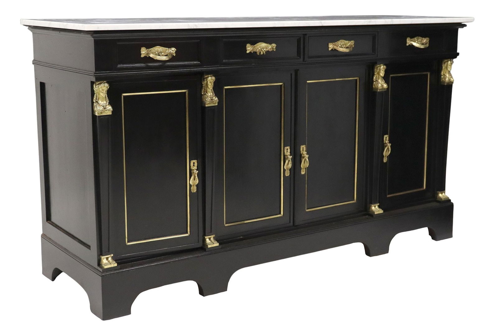 FRENCH EMPIRE STYLE MARBLE TOP  BLACK-PAINTED SIDEBOARD (1 of 6)
