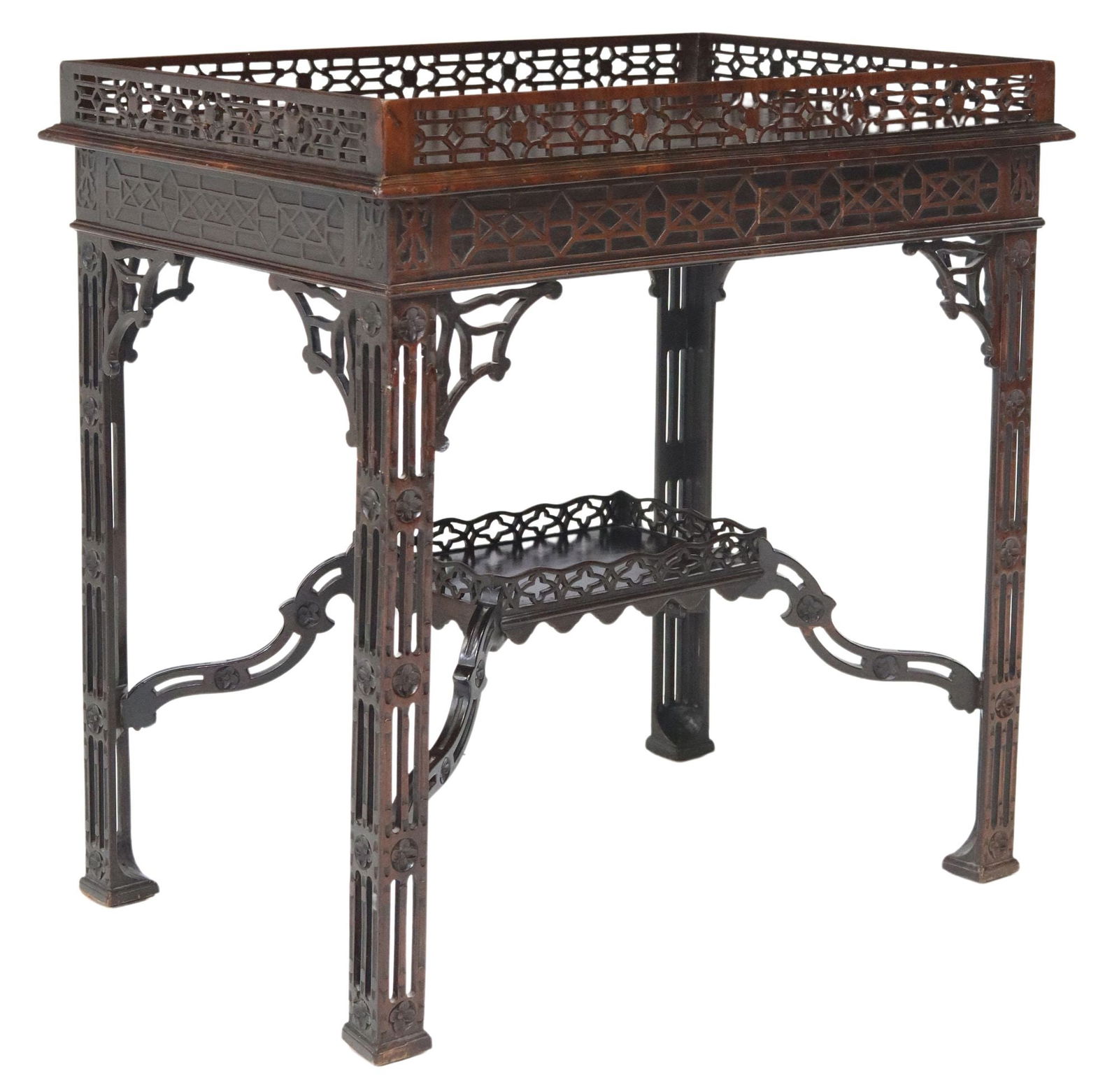ENGLISH CHINESE CHIPPENDALE STYLE FRET-CARVED MAHOGANY SILVER TABLE (1 of 5)