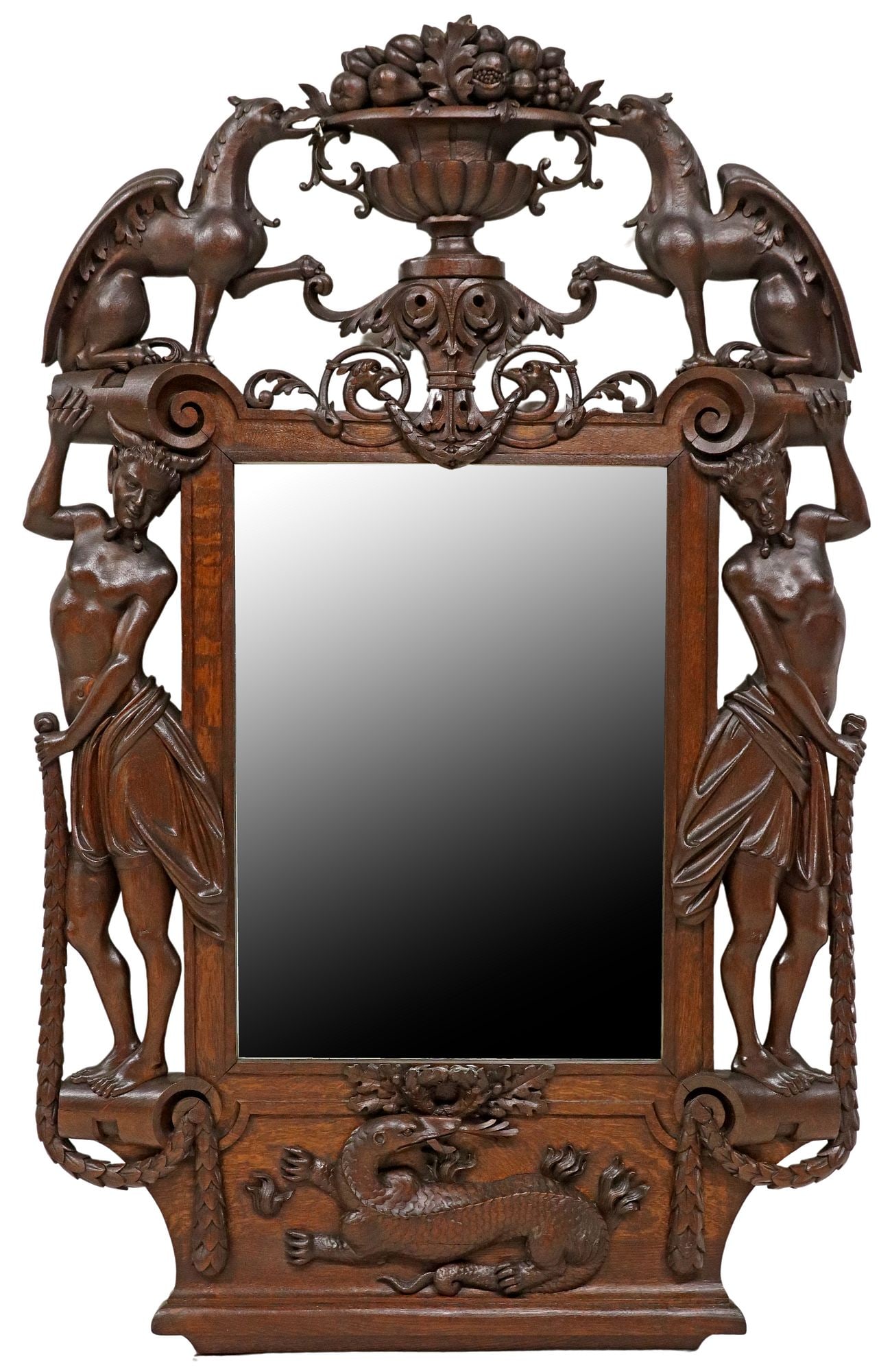 EXCEPTIONAL FRENCH RENAISSANCE REVIVAL CARVED OAK MIRROR, 64" X 41" (1 of 3)