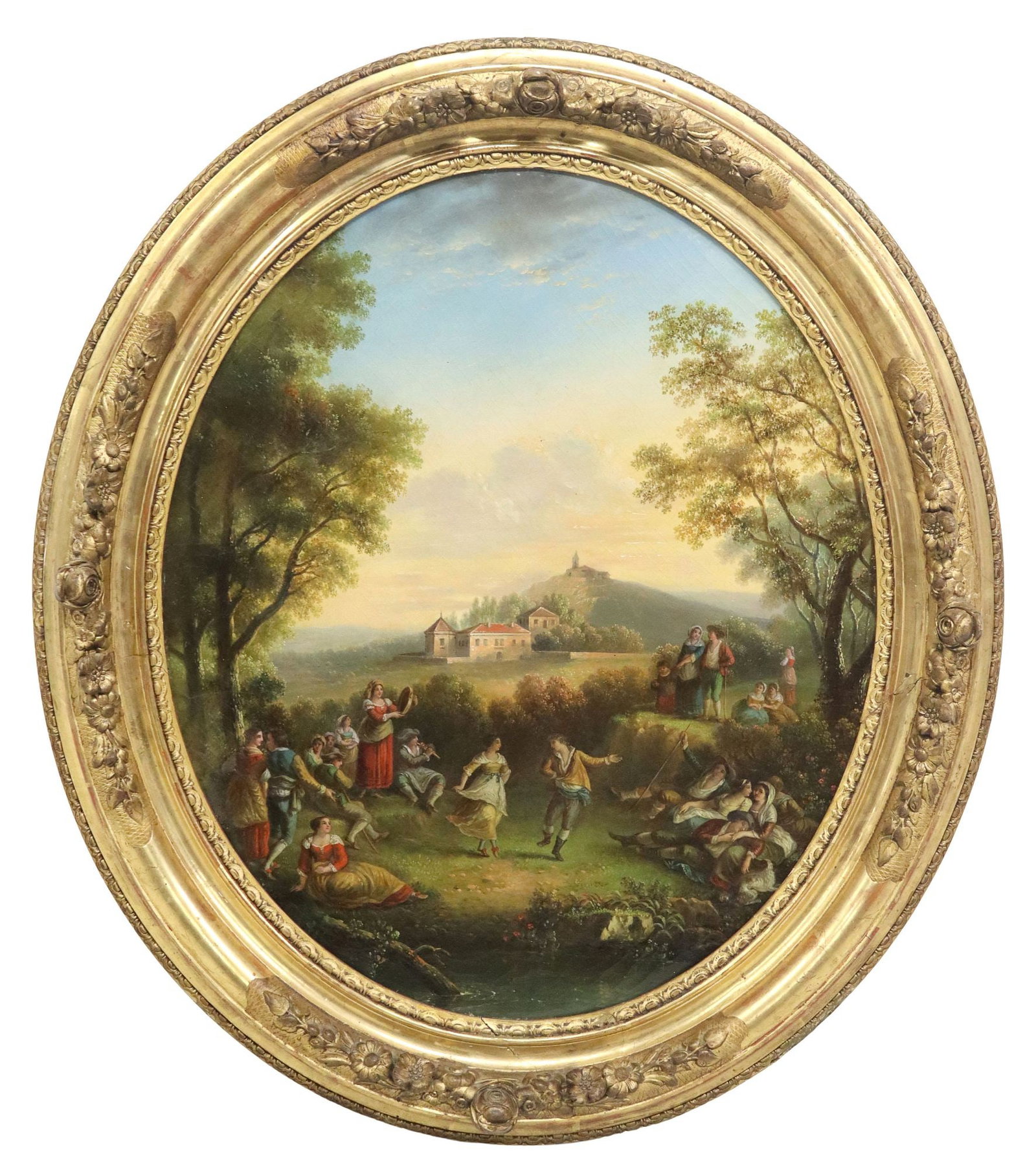 MANNER OF JEAN-BAPTISTE LALLEMAND LANDSCAPE WITH FIGURES: Framed oil on canvas painting, La Danse, back stretcher inscribed Lallemand No.364, sight: approx 20 7/8"h, 17 3/8"w, overall: 27.5"h, 24"w, 6.5lbs **Note: one of a pair of paintings offered in this a