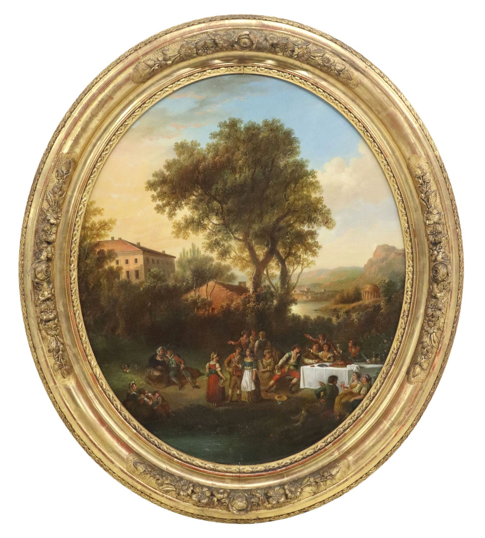 MANNER OF JEAN-BAPTISTE LALLEMAND LANDSCAPE WITH FIGURES: Framed oil on canvas painting, Le Repas, back stretcher inscribed Lallemand, patch repair to canvas, sight: approx 21"h, 17.5"w, overall: 27.5"h, 24"w, 6.5lbs **Note: one of a