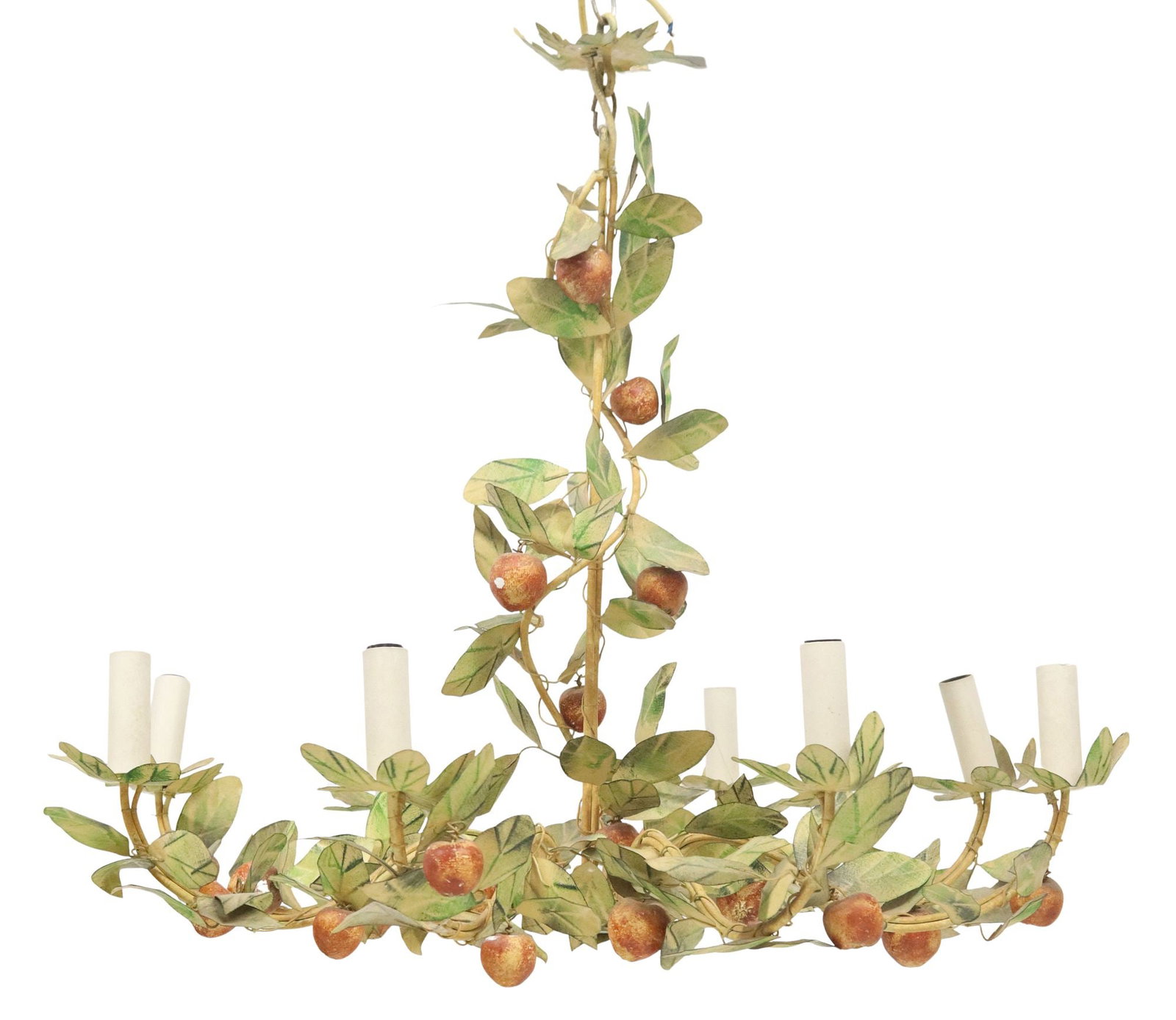 ITALIAN PAINTED TOLE IRON FRUIT & FOLIATE MOTIF 8-LT CHANDELIER: Italian painted tole iron eight-light chandelier, 20th c., having eight scrolled arms, each terminating on foliate bobeche and faux candle, adorned with foliate vines and hung with composite red