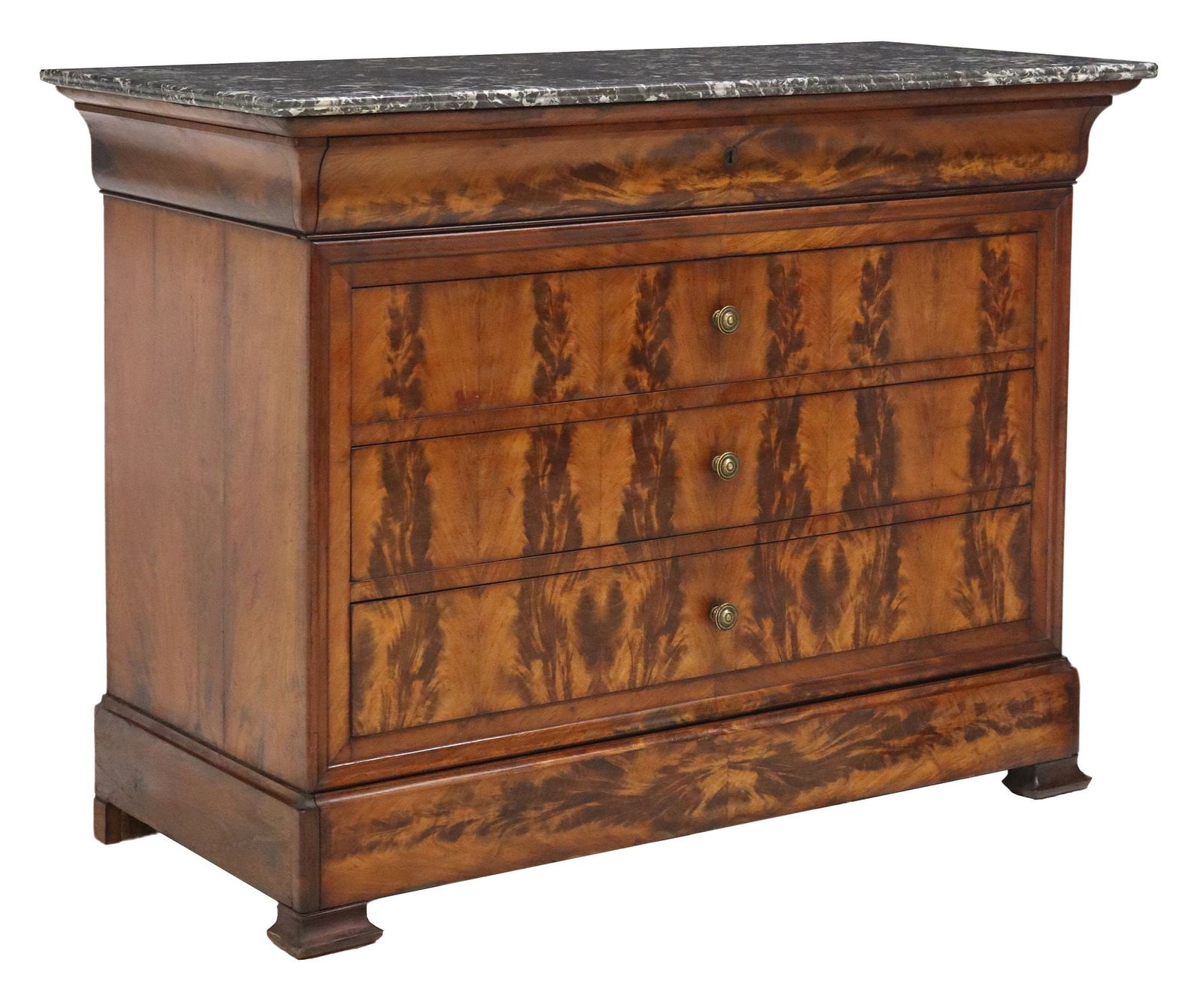 FRENCH LOUIS PHILIPPE PERIOD MARBLE-TOP MAHOGANY COMMODE: French Louis Philippe period marble-top mahogany commode, mid 19th c., ogee frieze drawer, over four additional drawers, lowest drawer concealed in base molding, on bracket feet, separation at side pa