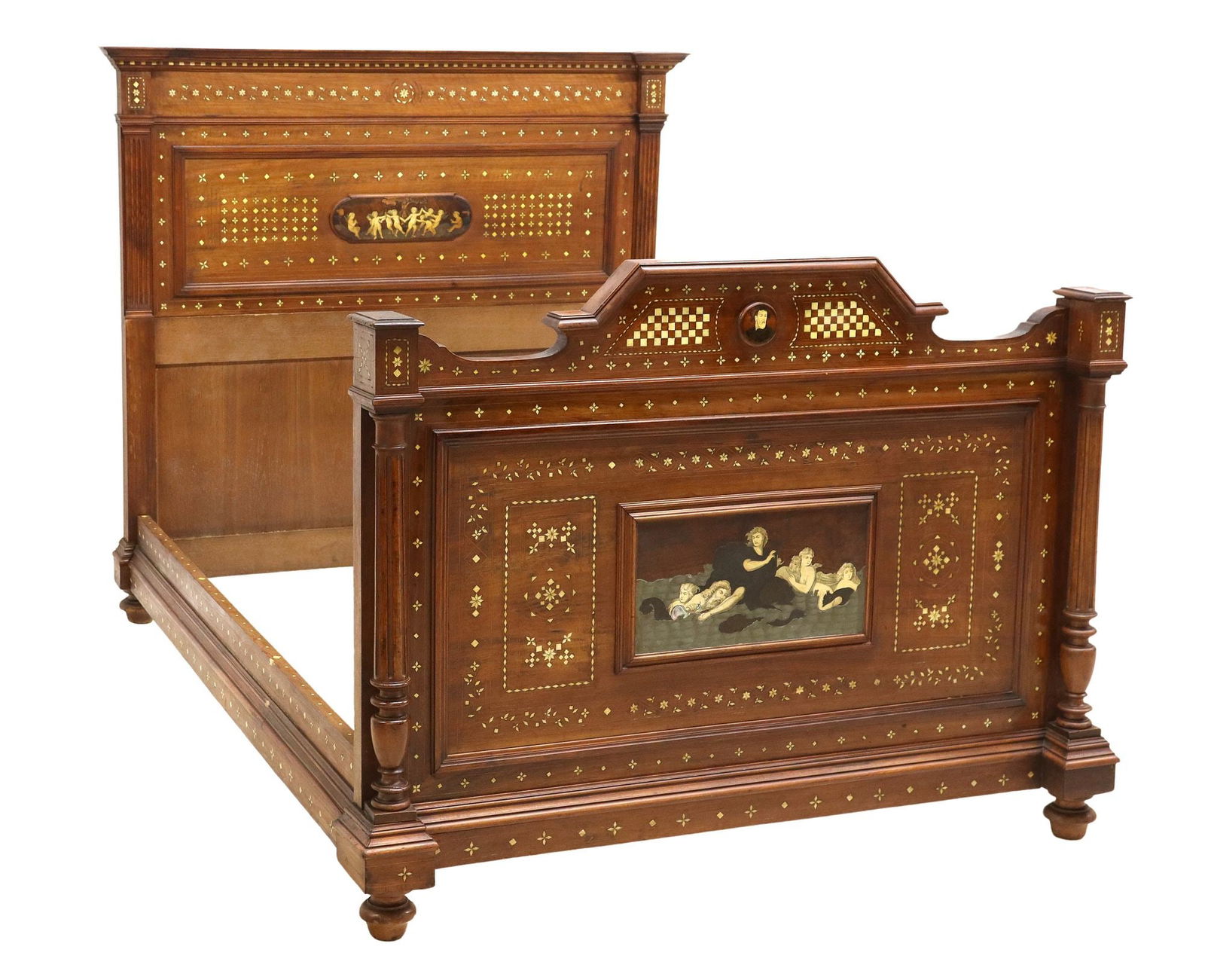 ITALIAN RENAISSANCE REVIVAL BONE-INLAID WALNUT BED: Italian Renaissance Revival walnut bed, late 19th c., headboard having molded cornice over inlaid banding and bone geometric patterning centering classical plaque of putti dancing, the footboard