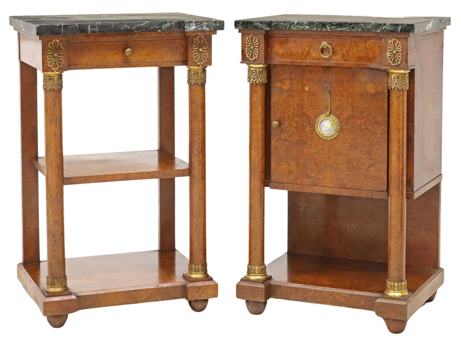 (2) FRENCH EMPIRE STYLE MARBLE-TOP BURLED WALNUT NIGHTSTANDS (1 of 6)