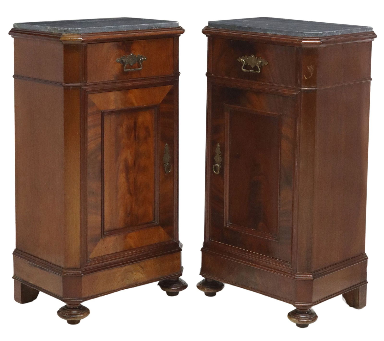 (2) ITALIAN MARBLE-TOP FLAME MAHOGANY BEDSIDE CABINETS (1 of 6)