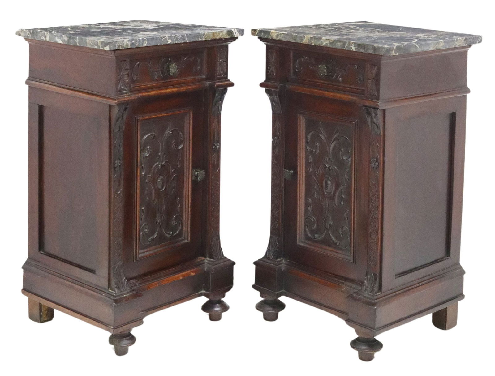 (2) ITALIAN RENAISSANCE REVIVAL MARBLE-TOP WALNUT BEDSIDE CABINETS (1 of 6)