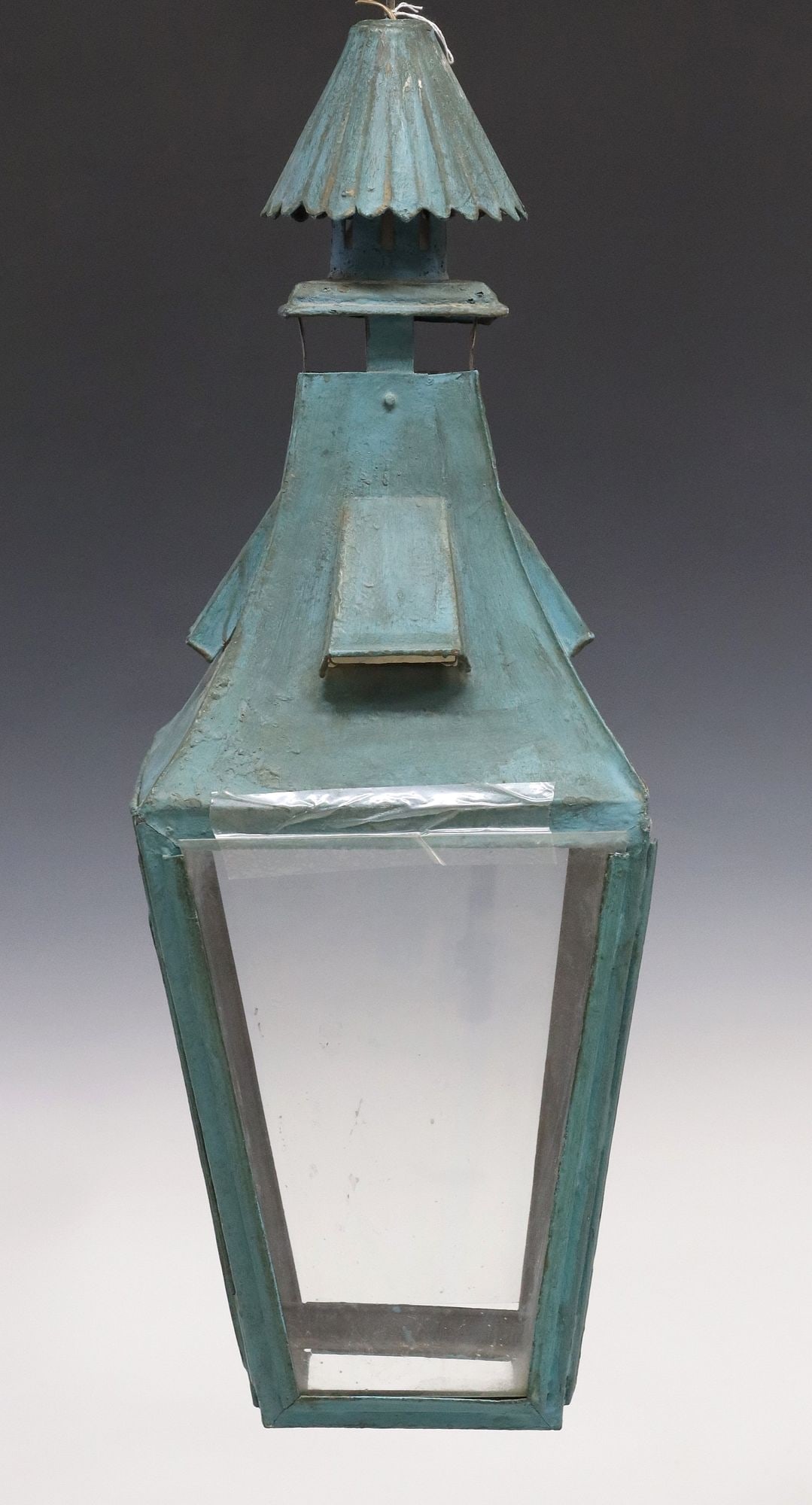 TEAL-PAINTED IRON AND GLASS 1-LT HANGING LANTERN (1 of 3)