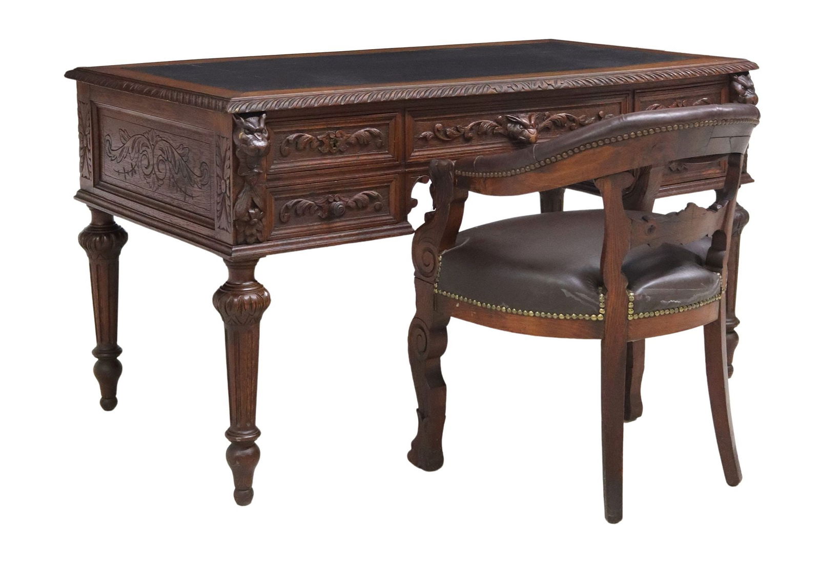 (2) FRENCH CARVED OAK BUREAU PLAT & FAUTEUIL DE BUREAU (1 of 11)