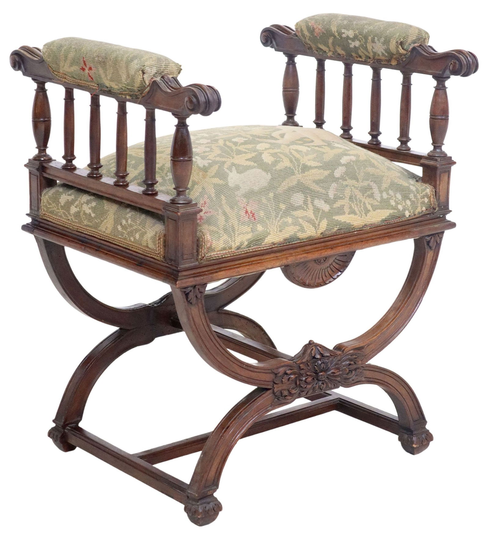 FRENCH RENAISSANCE REVIVAL NEEDLEPOINT UPHOLSTERED CURULE BENCH (1 of 4)