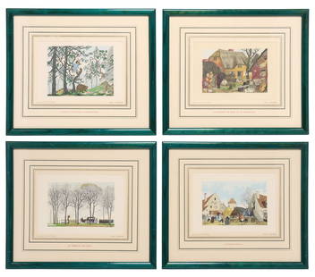 (4) AFTER HENRY LEMARIE WOODCUT ILLUSTRATIONS FROM FONTAINE'S FABLES: (lot of 4) Framed woodcuts in colors on paper, after Henry Lemarie (French, 1911-1991), illustrations from Jean de La Fontaine&#39;s (French, 1621-1695) Fables, including: (1) &quot;L&#39;Ours et les