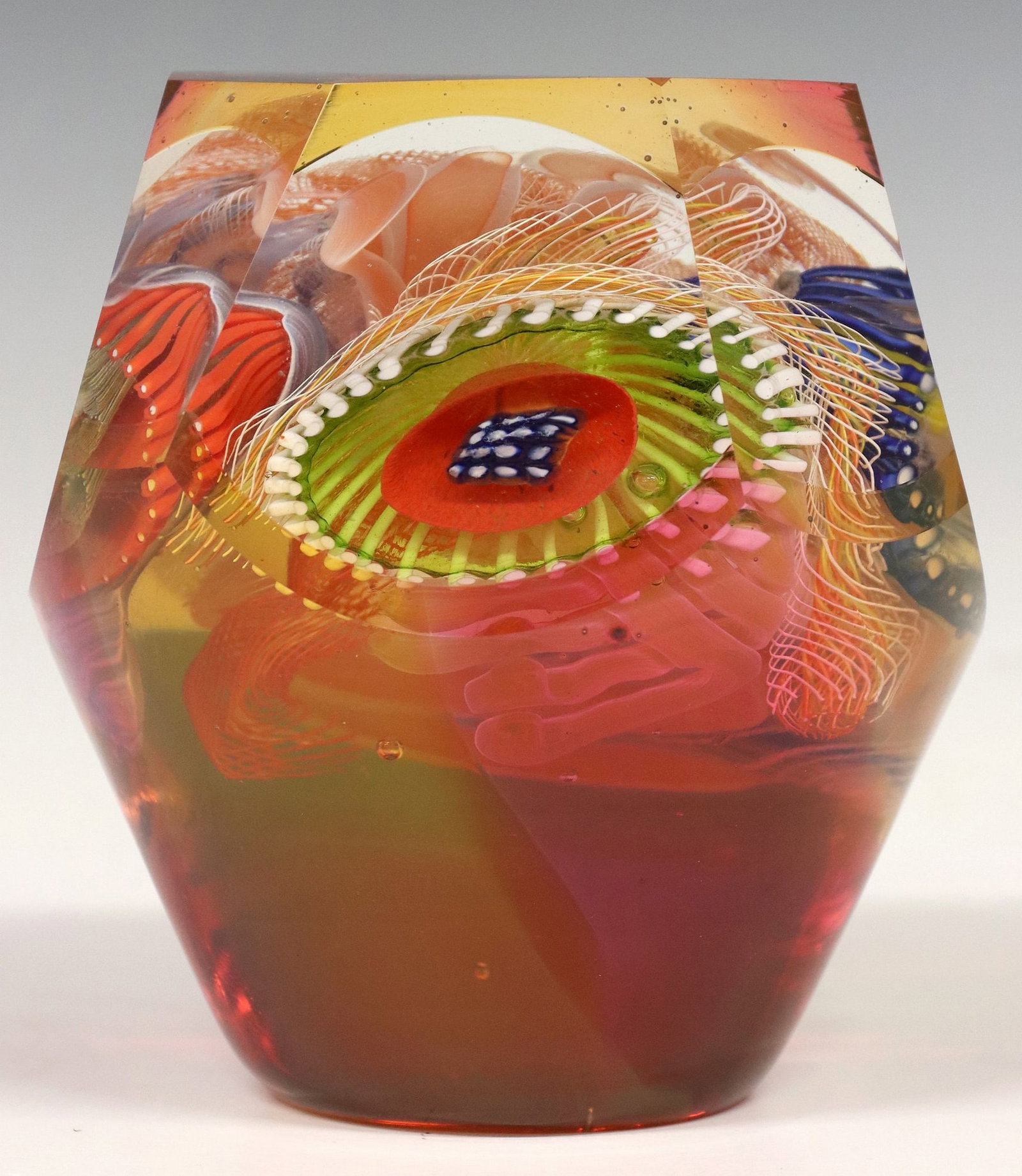 WES HUNTING (B.1958) STUDIO ART GLASS TINTED OPTICAL ABSTRACT SCULPTURE: Contemporary studio art glass sculpture, signed W.S. Hunting (Wes Hunting, American, b.1958), from the "Color Tint Optical" series, dated 2022, having faceted sides with polychrome tinted su