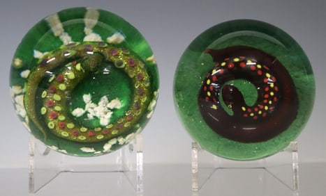 (2) PAUL YSART (1904-1991) ART GLASS SNAKE LAMPWORK PAPERWEIGHTS