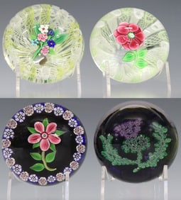(4) PAUL YSART (1904-1991) SCOTTISH THISTLE & FLORAL ART GLASS PAPERWEIGHTS