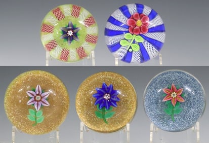 (5) PAUL YSART (1904-1991) ART GLASS FLOWER LAMPWORK PAPERWEIGHTS