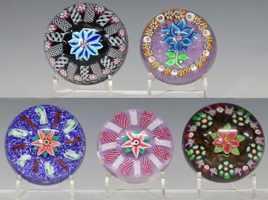 (5) PAUL YSART (1904-1991) MILLEFIORI & FILIGREE FLOWER  PAPERWEIGHTS