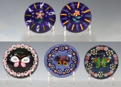 (5) PAUL YSART (ATTRIB.) MILLEFIORI & LAMPWORKED ART GLASS PAPERWEIGHTS