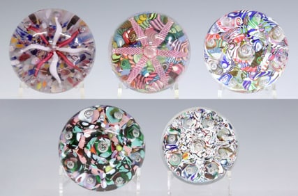 (5) PAUL YSART (1904-1991) SIGNED & ATTRIB. HARLEQUIN ART GLASS PAPERWEIGHTS