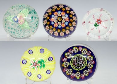 (5) PAUL YSART (1904-1991) LAMPWORKED & UNSIGNED ART GLASS PAPERWEIGHTS