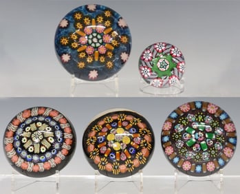 (5) PAUL YSALT (1904-1991) & UNSIGNED MILLEFIORI ART GLASS PAPERWEIGHTS