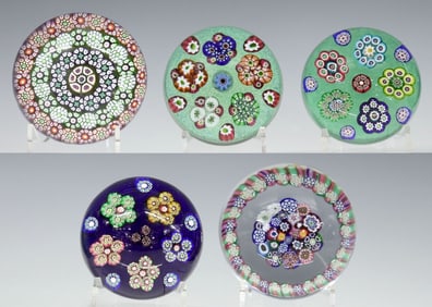 (5) PAUL YSART (1904-1991) ATTRIB. & SIGNED MILLEFIORI ART GLASS PAPERWEIGHTS