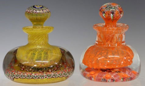 (2) VASART (ATTRIB) GLASS PAPERWEIGHT-STYLE MILLEFIORI INK BOTTLES