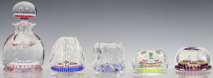 (5) SCOTTISH WHITEFRIARS CONCENTRIC MILLEFIORI PAPERWEIGHTS & INKWELL