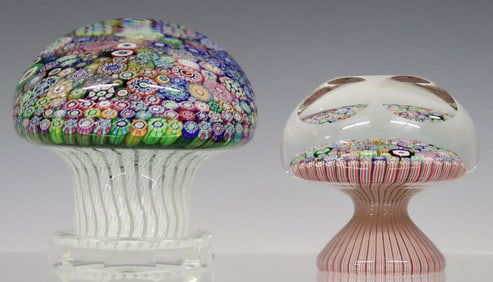 (2) PERTHSHIRE CLOSE-PACKED MILLEFIORI PEDESTAL PAPERWEIGHTS