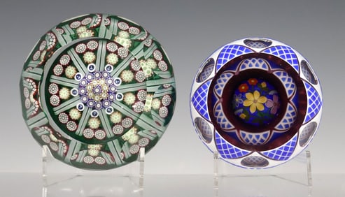 (2) PERTHSHIRE ENCASED DOUBLE OVERLAY & MILLEFIORI MAGNUM PAPERWEIGHTS