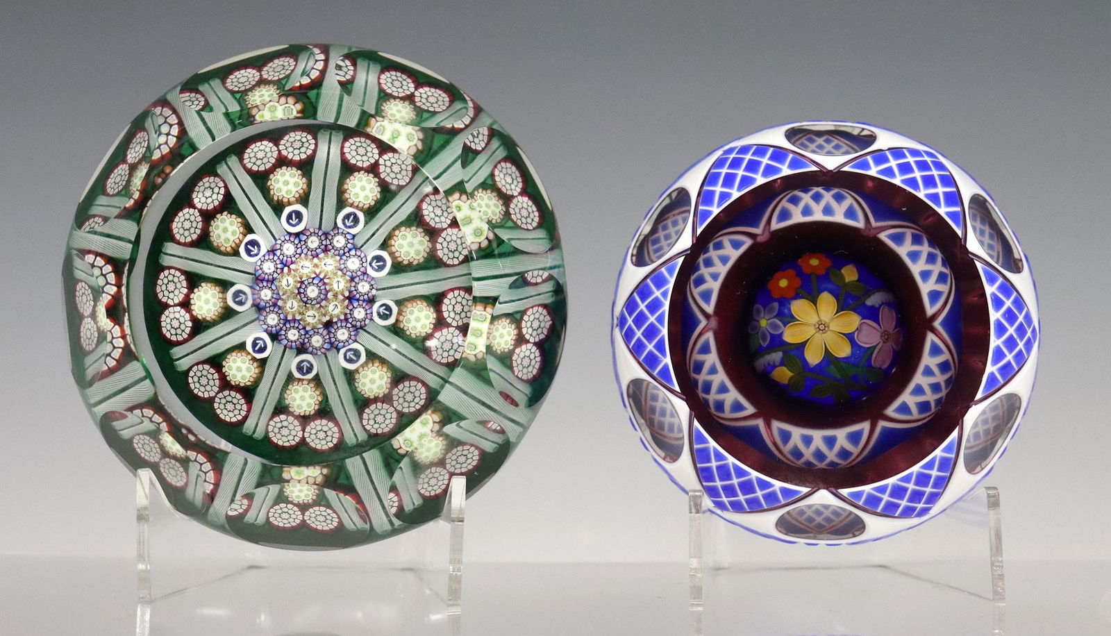 (2) PERTHSHIRE ENCASED DOUBLE OVERLAY & MILLEFIORI MAGNUM PAPERWEIGHTS (1 of 5)