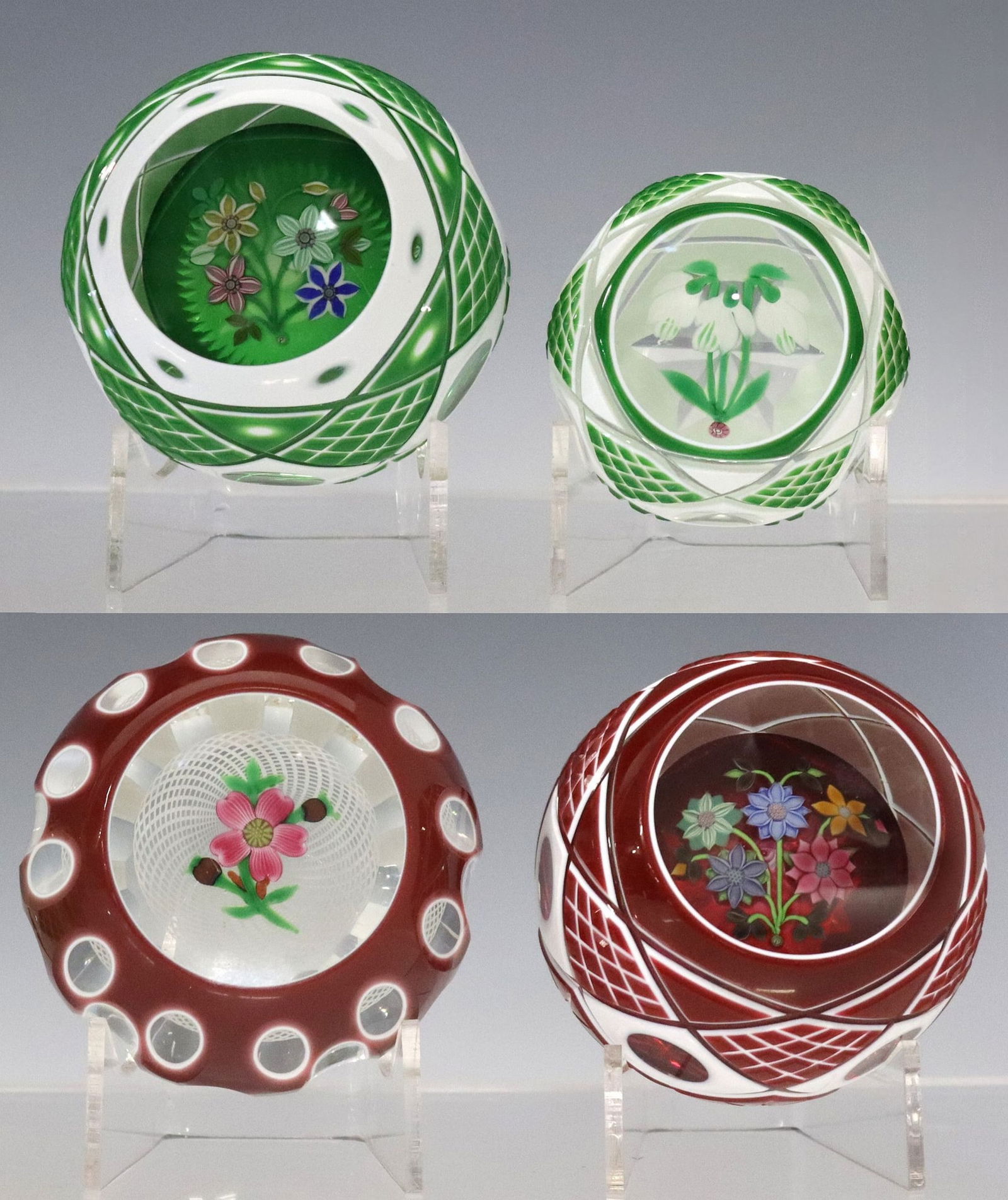 (4) PERTHSHIRE FACETED DOUBLE OVERLAY INTERNAL FLOWER PAPERWEIGHTS (1 of 9)