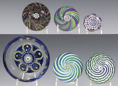 (6) SCOTTISH PERTHSHIRE ART GLASS MILLEFRIORI SPIRAL PAPERWEIGHTS & DISH