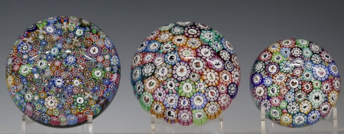 (3) PERTHSHIRE CLOSE-PACKED MILLEFIORI & SILHOUETTE CANE PAPERWEIGHTS