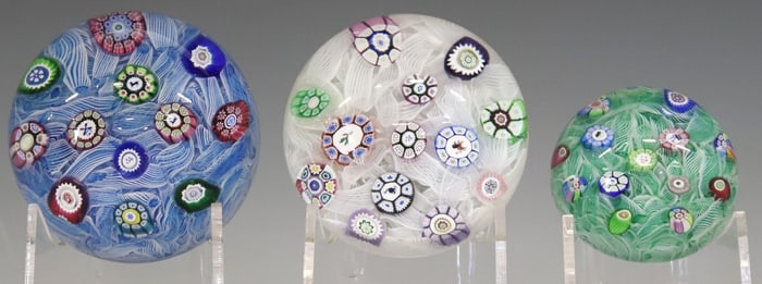 (3) PERTHSHIRE SPACED MILLEFIORI & SILHOUETTE CANE PAPERWEIGHTS