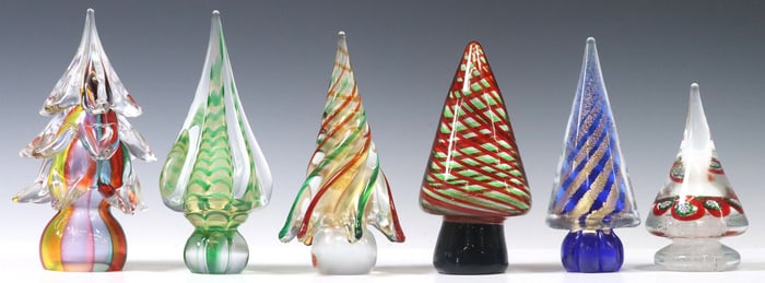 (6) ITALIAN MURANO ART GLASS CHRISTMAS TREE SCULPTURES