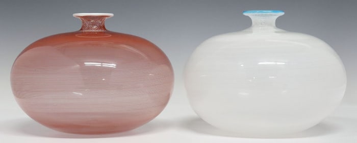 (2) ITALIAN BAROVIER & TOSO MURANO FILIGRANA GLASS VASES