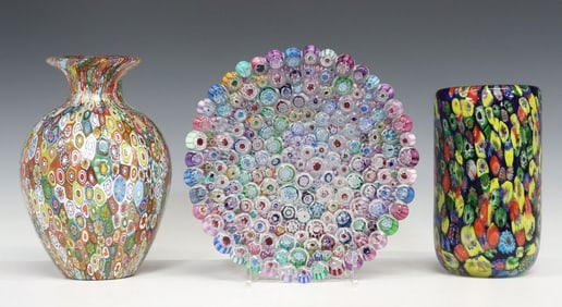 (3) MURANO MURRINE & MILLEFIORI ART GLASS VASES & PLATE