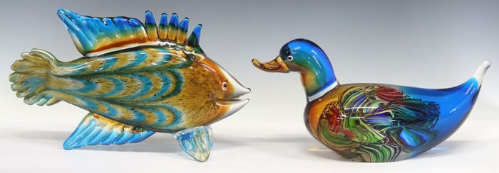 (2) LARGE ITALIAN MURANO ART GLASS FIGURES OF A DUCK & FISH