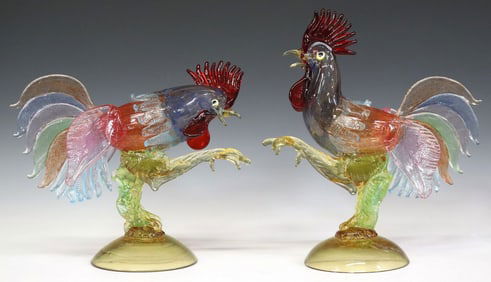 (2) LARGE VENETIAN MURANO ART GLASS FIGURES OF ROOSTERS