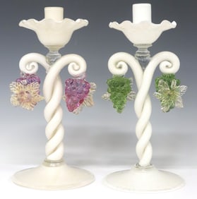 (2) VENETIAN SALVIATI STYLE AVENTURINEÂ GLASS GRAPE CLUSTER CANDLESTICKS