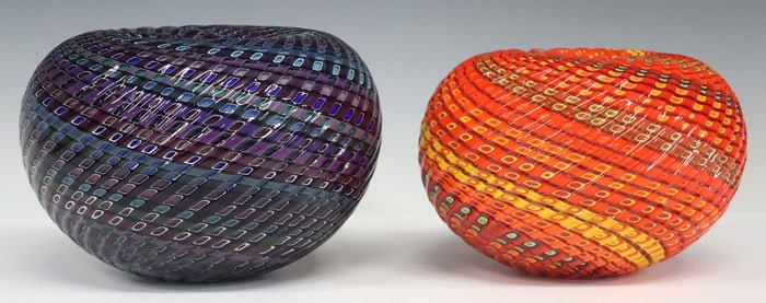 (2) LAYNE ROWE (B.1971) 'WOVEN SERIES' ART GLASS BASKET VASES