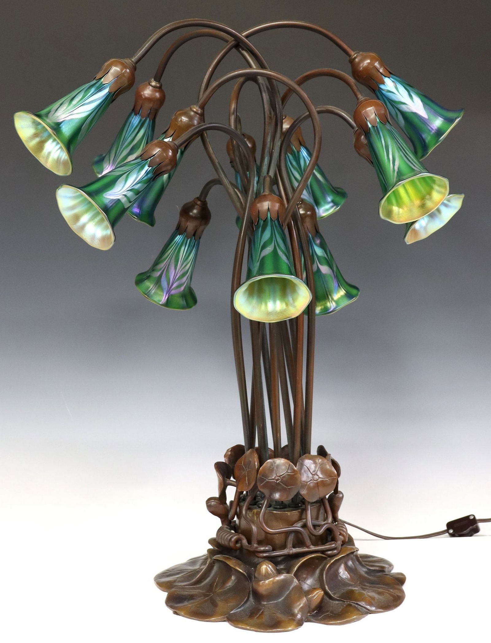 ORIENT & FLUME ART GLASS & PATINATED METAL 12-LIGHT LILYPAD LAMP (1 of 4)