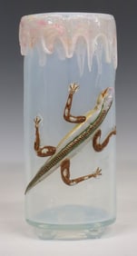 BOHEMIAN MOSER (ATTRIB) GLASS VASE WITH APPLIED ENAMELED SALAMANDER